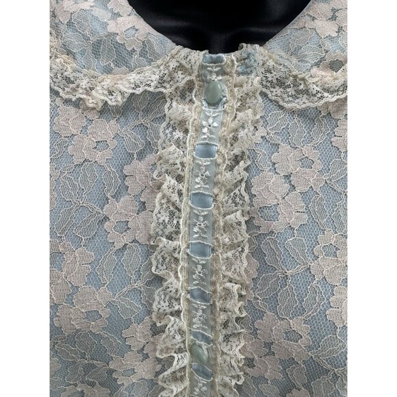 Vintage 1950's-60s Miss Elaine Women's Dressing Gown Blue with Cream Lace - Picture 3 of 12